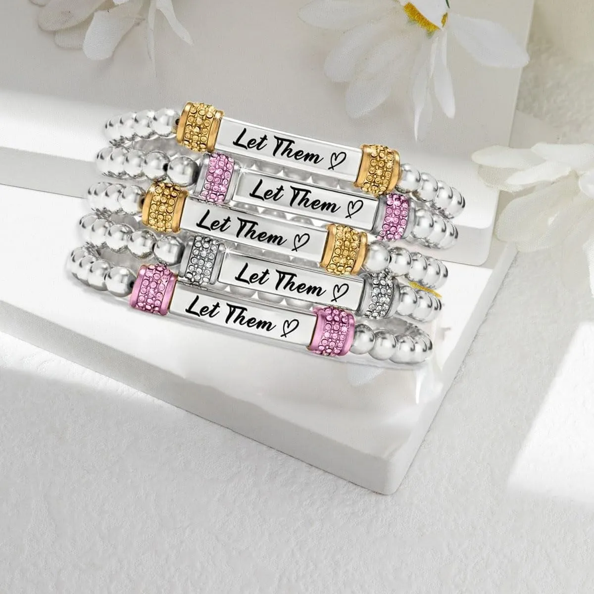 Let Them Dainty Diamond Beaded Stretch Bracelet,Self Worth Motivational Stainless Steel Engraving Bracelets Crystal Energy Chain Bracelet Friendship Bracelets Jewelry for Best Friend Women Men
