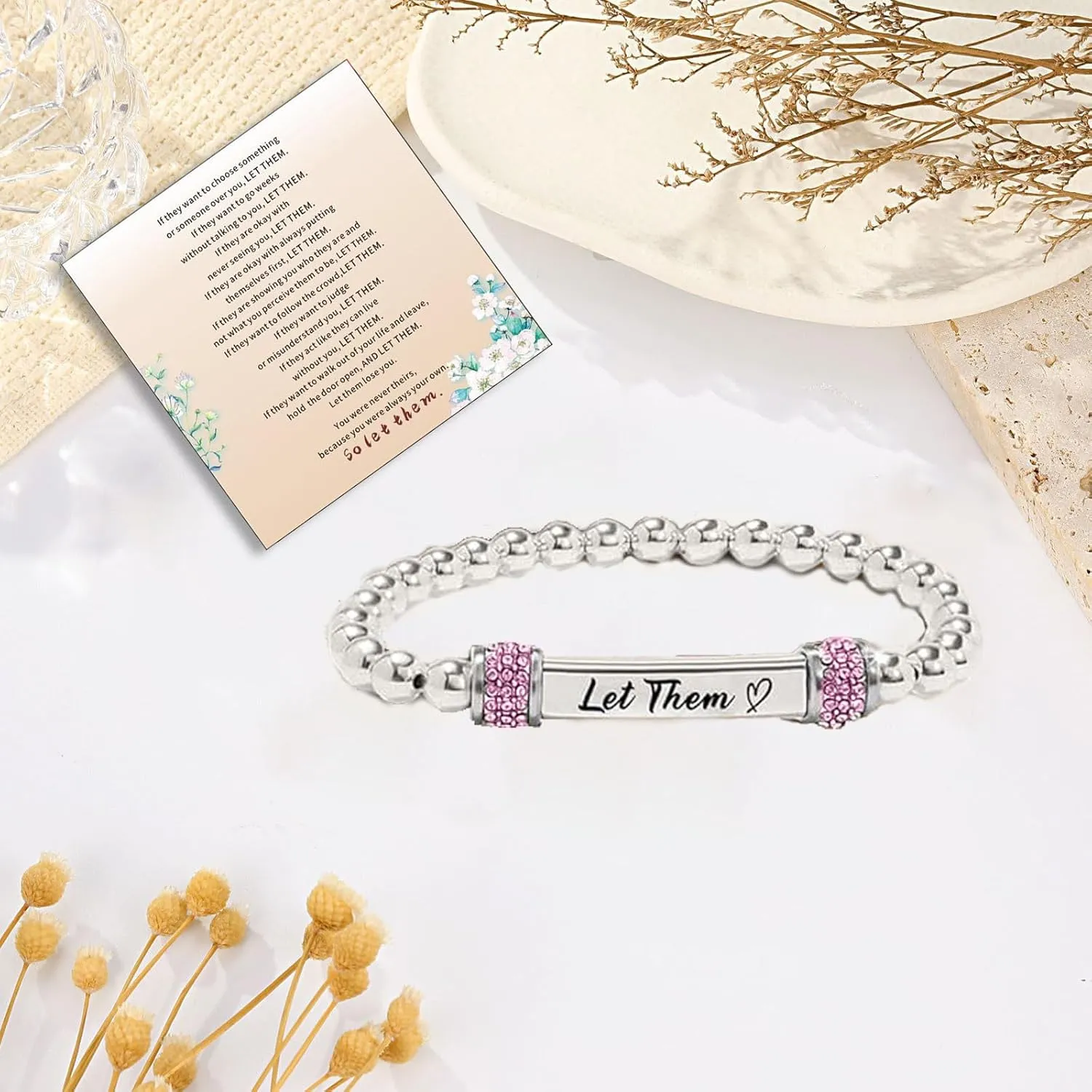 Let Them Dainty Diamond Beaded Stretch Bracelet,Self Worth Motivational Stainless Steel Engraving Bracelets Crystal Energy Chain Bracelet Friendship Bracelets Jewelry for Best Friend Women Men