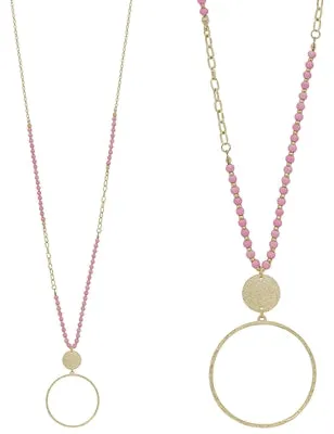 Light Pink Wood & Gold Beaded 36" Necklace w/Gold Circle Charm