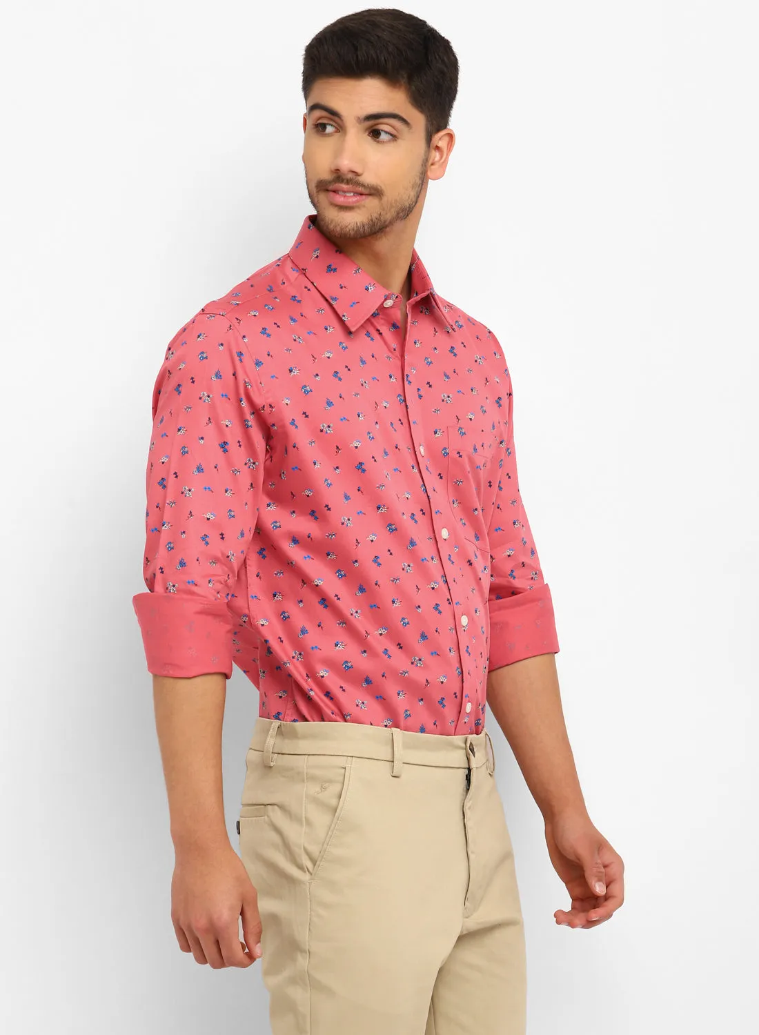 Light Red Cotton Printed Full Sleeve Shirt