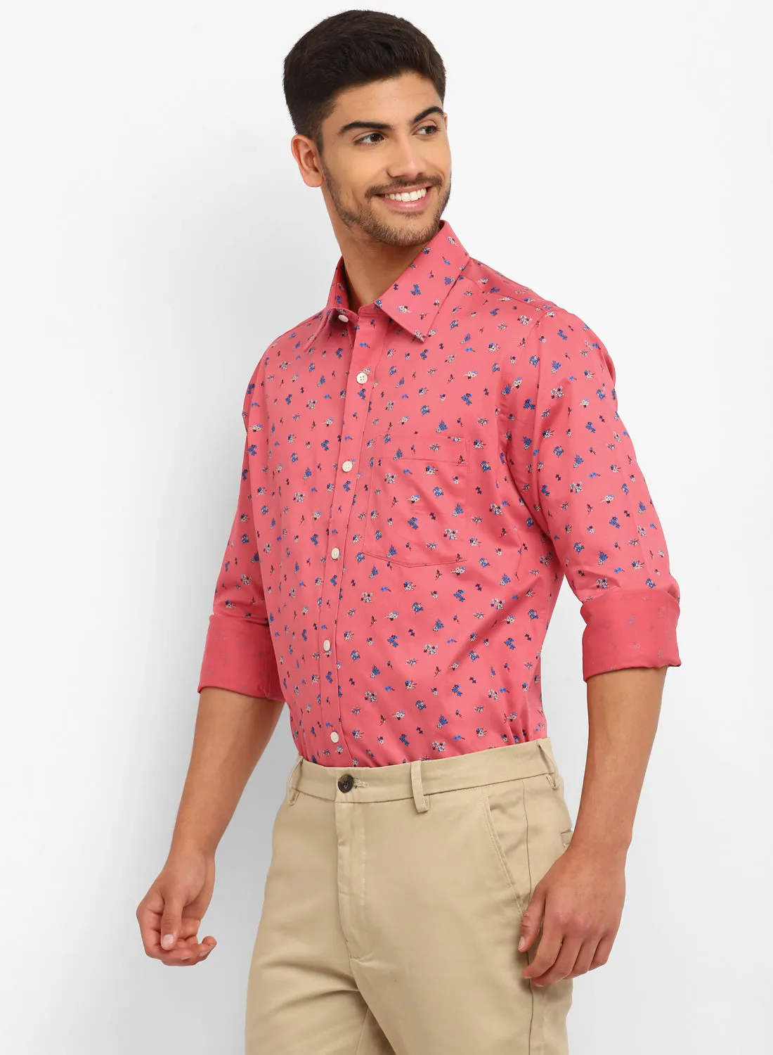 Light Red Cotton Printed Full Sleeve Shirt