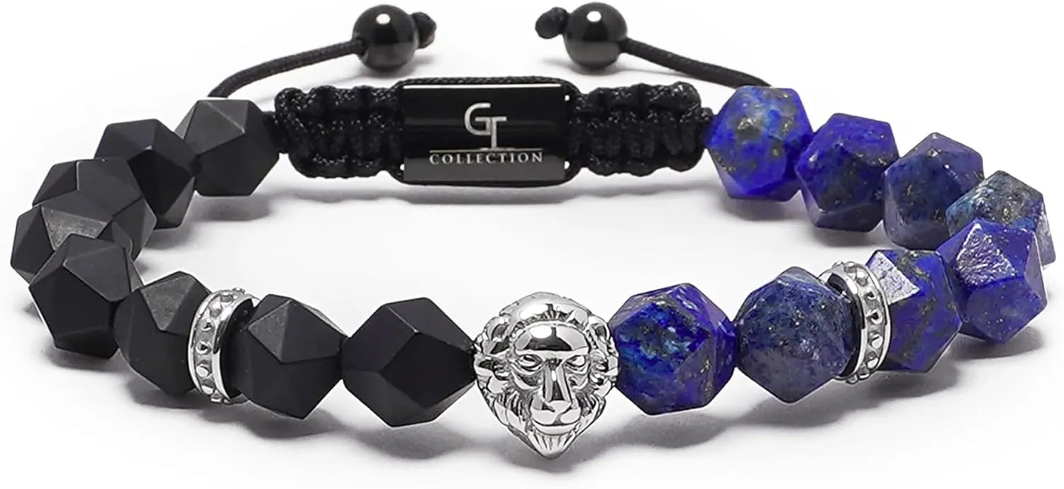 Lion King Beaded Bracelets for Men - Natural Stone Bracelets - Mens Bracelet with Stainless Steel Lion Head, Adjustable Cord, & Powerful Gemstones