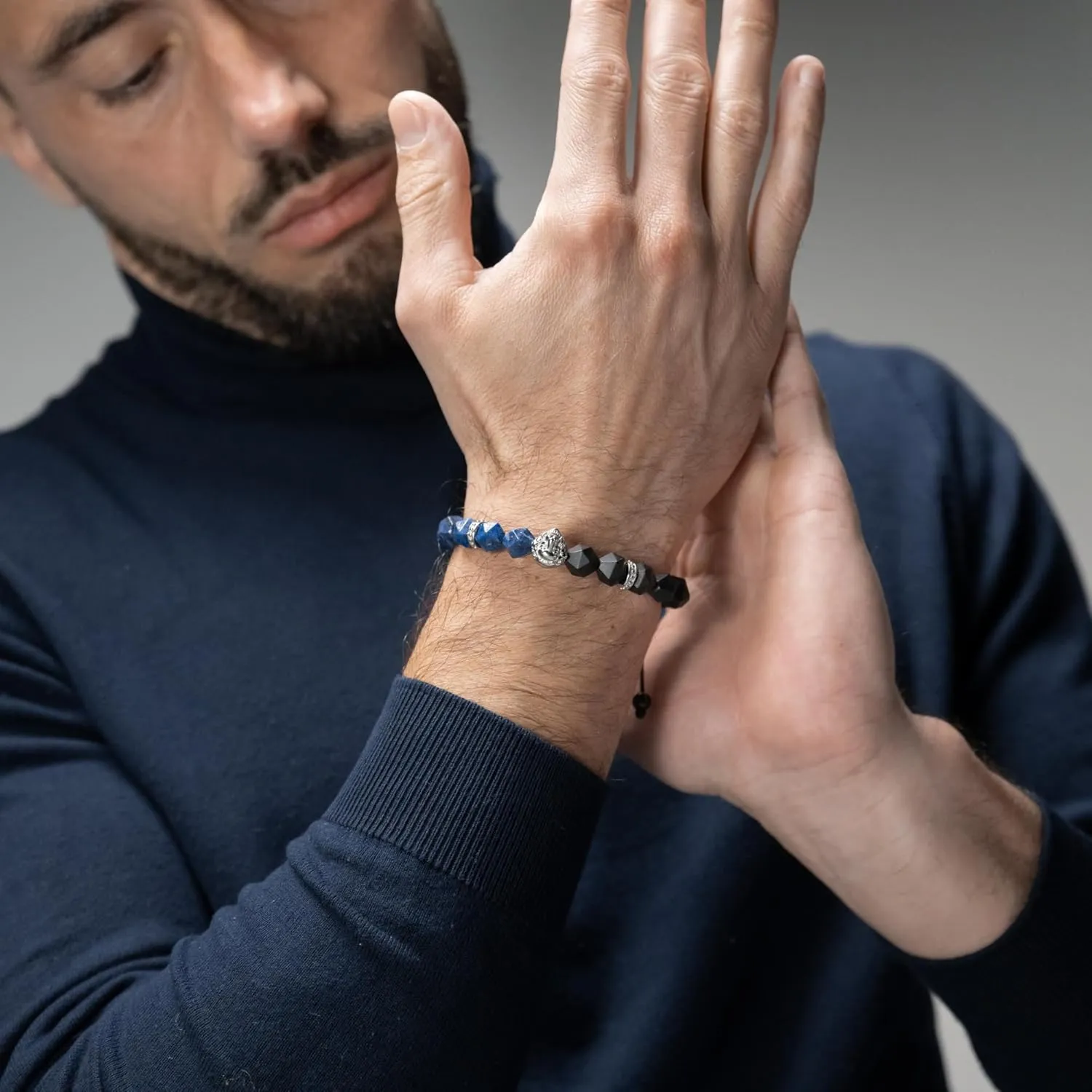 Lion King Beaded Bracelets for Men - Natural Stone Bracelets - Mens Bracelet with Stainless Steel Lion Head, Adjustable Cord, & Powerful Gemstones