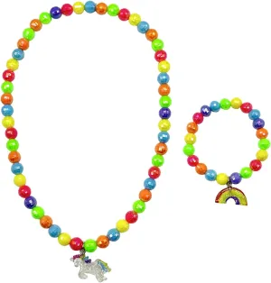 Little Girls Jewelry Sets Kids Jewelry Beaded Necklace Bracelet with Colorful Unicorn Rainbow Pendant Stretchy Chunky Costume Jewelry Gift Party Favors for Girls Toddler