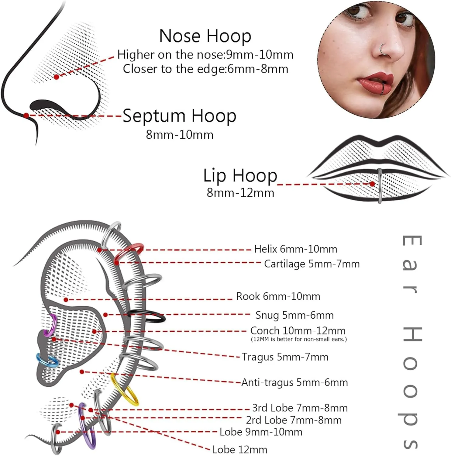 LOLIAS Surgical Steel Nose Rings Hoop Nose Clicker Ring Septum Jewelry 16G 18G Nose Hoop Lip Rings Nose Helix Cartilage Rook Earrings Nostril Piercing Jewelry Hypoallergenic