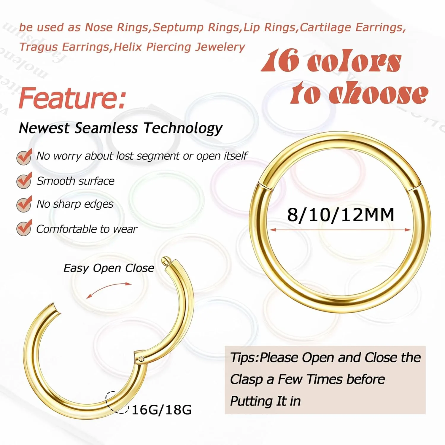 LOLIAS Surgical Steel Nose Rings Hoop Nose Clicker Ring Septum Jewelry 16G 18G Nose Hoop Lip Rings Nose Helix Cartilage Rook Earrings Nostril Piercing Jewelry Hypoallergenic