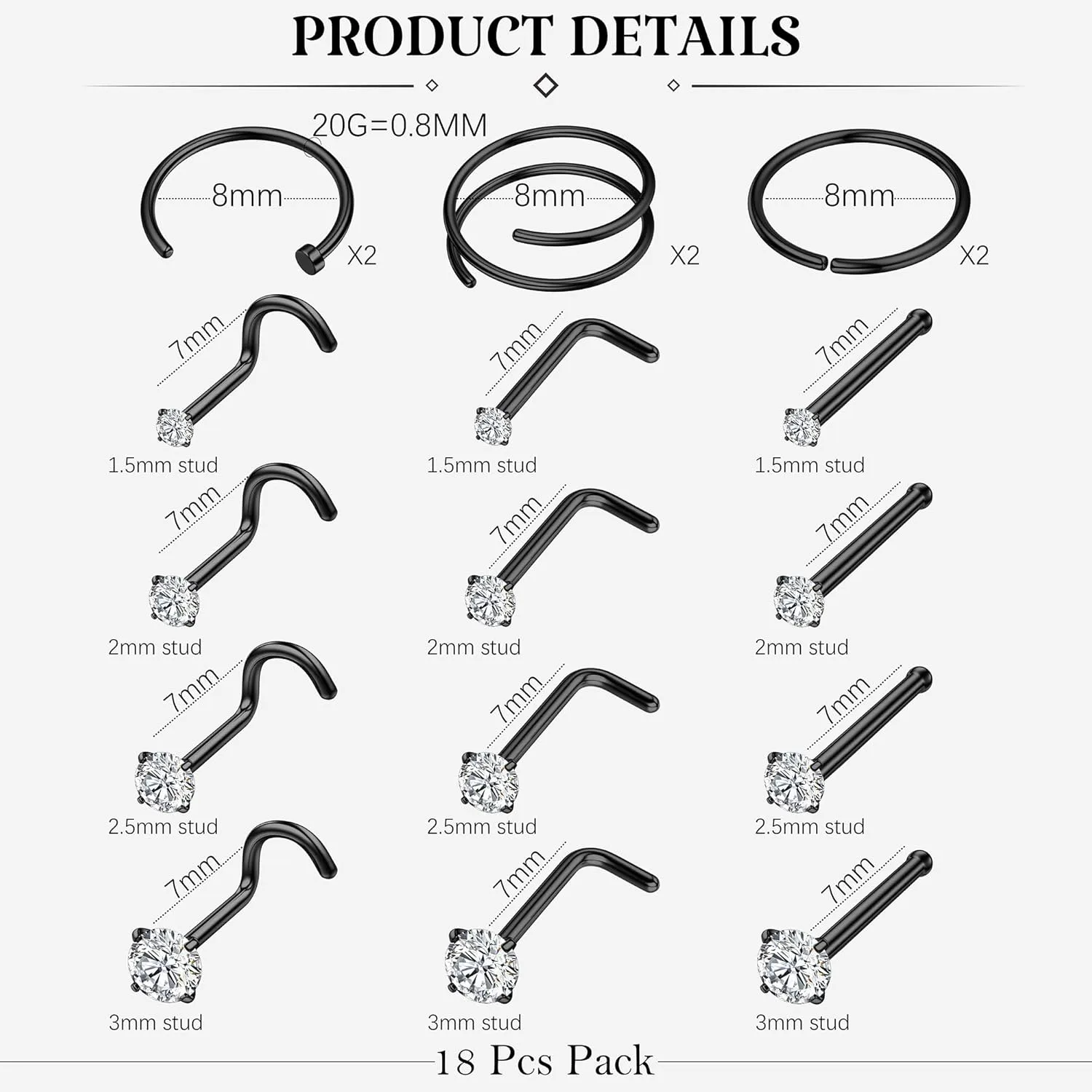 LOYALLOOK 18Pcs Nose Rings Studs - 316L Surgical Steel Gold Nose Studs Double Hoop Nose Ring for Women Men 18G/20G Nose Rings Stud Hypoallergenic Nose/Body Piercing Jewelry 1.5mm 2mm 2.5mm 3mm CZ