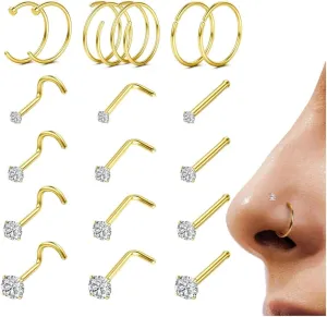 LOYALLOOK 18Pcs Nose Rings Studs - 316L Surgical Steel Gold Nose Studs Double Hoop Nose Ring for Women Men 18G/20G Nose Rings Stud Hypoallergenic Nose/Body Piercing Jewelry 1.5mm 2mm 2.5mm 3mm CZ