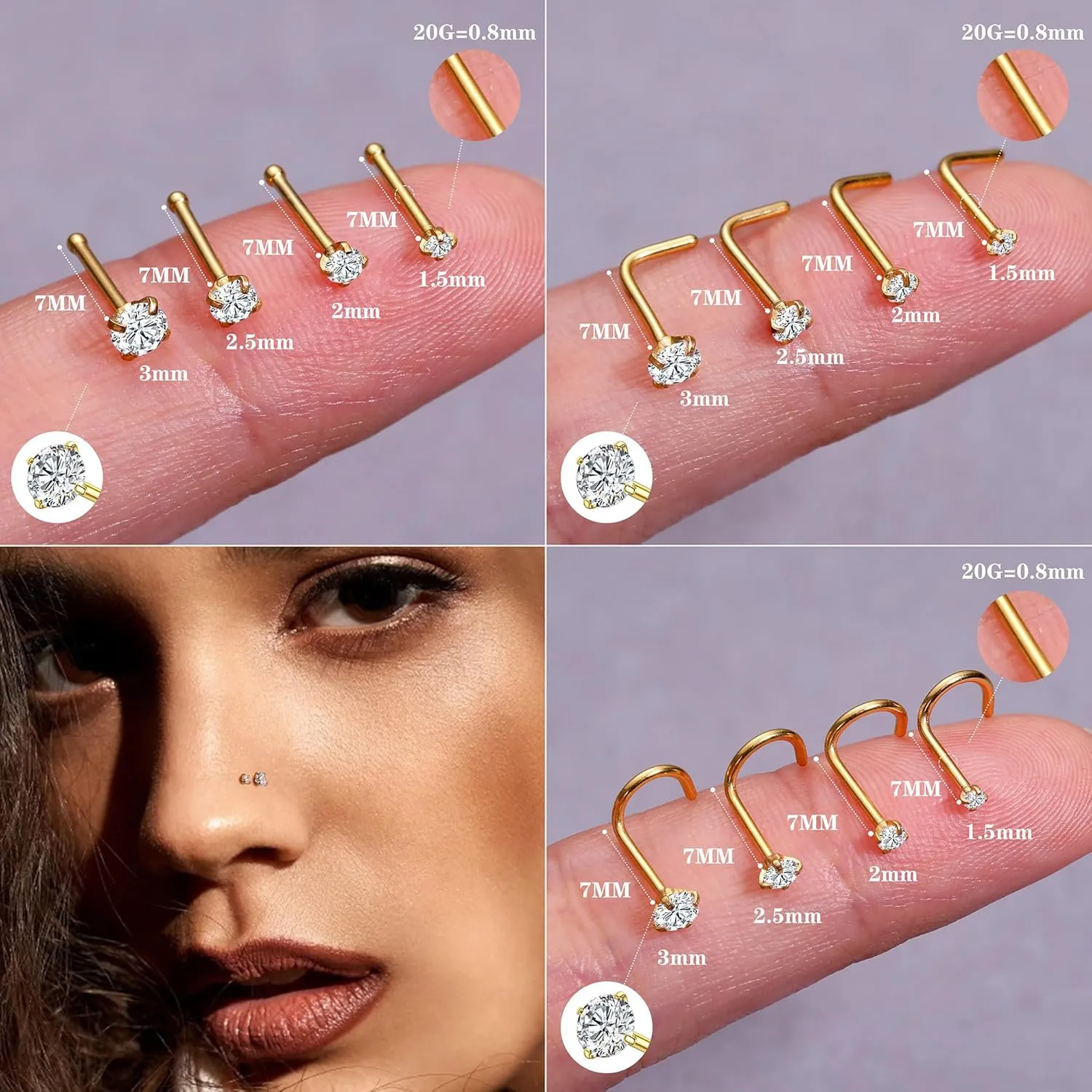 LOYALLOOK 18Pcs Nose Rings Studs - 316L Surgical Steel Gold Nose Studs Double Hoop Nose Ring for Women Men 18G/20G Nose Rings Stud Hypoallergenic Nose/Body Piercing Jewelry 1.5mm 2mm 2.5mm 3mm CZ