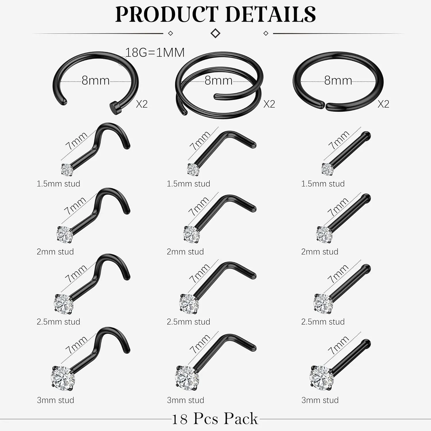 LOYALLOOK 18Pcs Nose Rings Studs - 316L Surgical Steel Gold Nose Studs Double Hoop Nose Ring for Women Men 18G/20G Nose Rings Stud Hypoallergenic Nose/Body Piercing Jewelry 1.5mm 2mm 2.5mm 3mm CZ