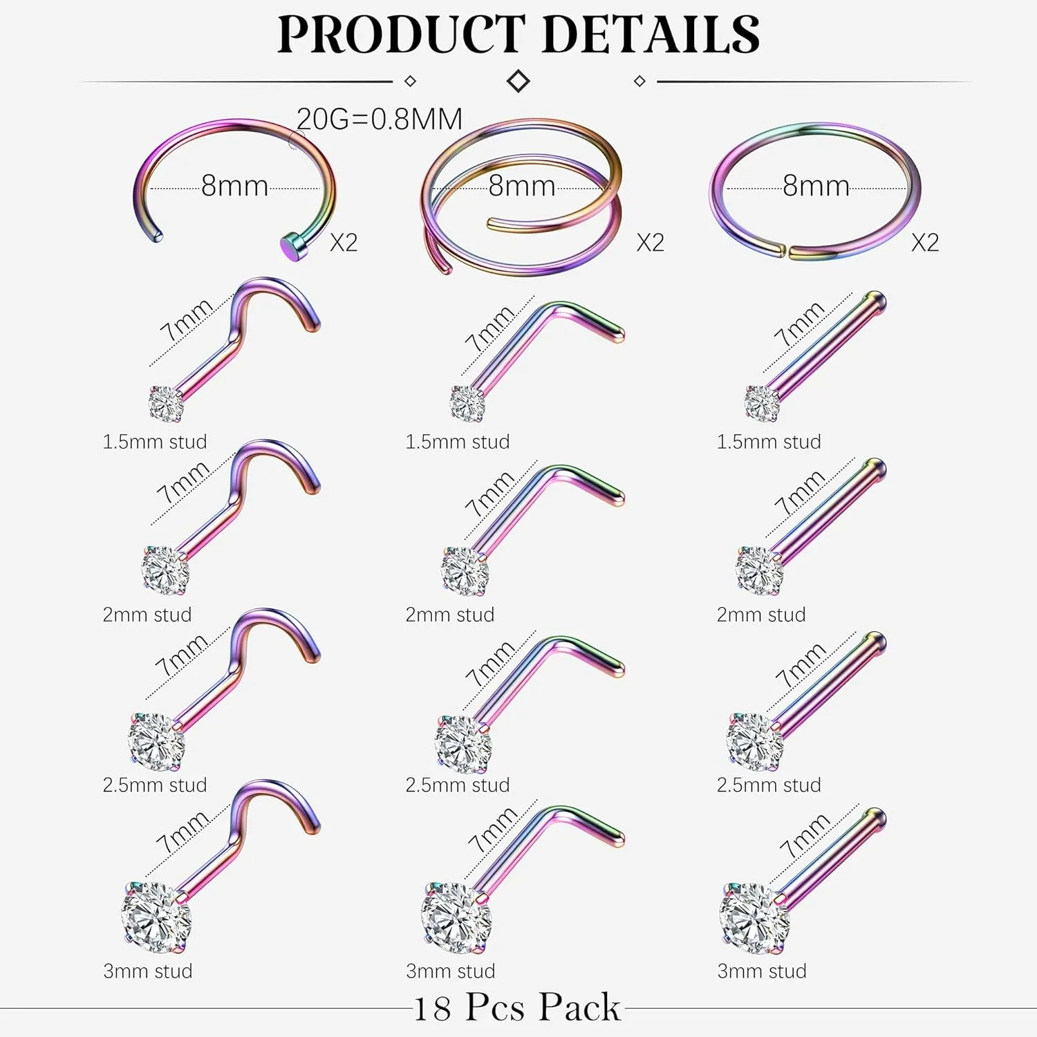 LOYALLOOK 18Pcs Nose Rings Studs - 316L Surgical Steel Gold Nose Studs Double Hoop Nose Ring for Women Men 18G/20G Nose Rings Stud Hypoallergenic Nose/Body Piercing Jewelry 1.5mm 2mm 2.5mm 3mm CZ