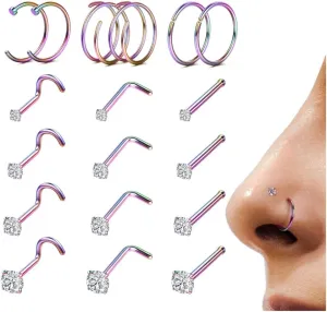 LOYALLOOK 18Pcs Nose Rings Studs - 316L Surgical Steel Gold Nose Studs Double Hoop Nose Ring for Women Men 18G/20G Nose Rings Stud Hypoallergenic Nose/Body Piercing Jewelry 1.5mm 2mm 2.5mm 3mm CZ