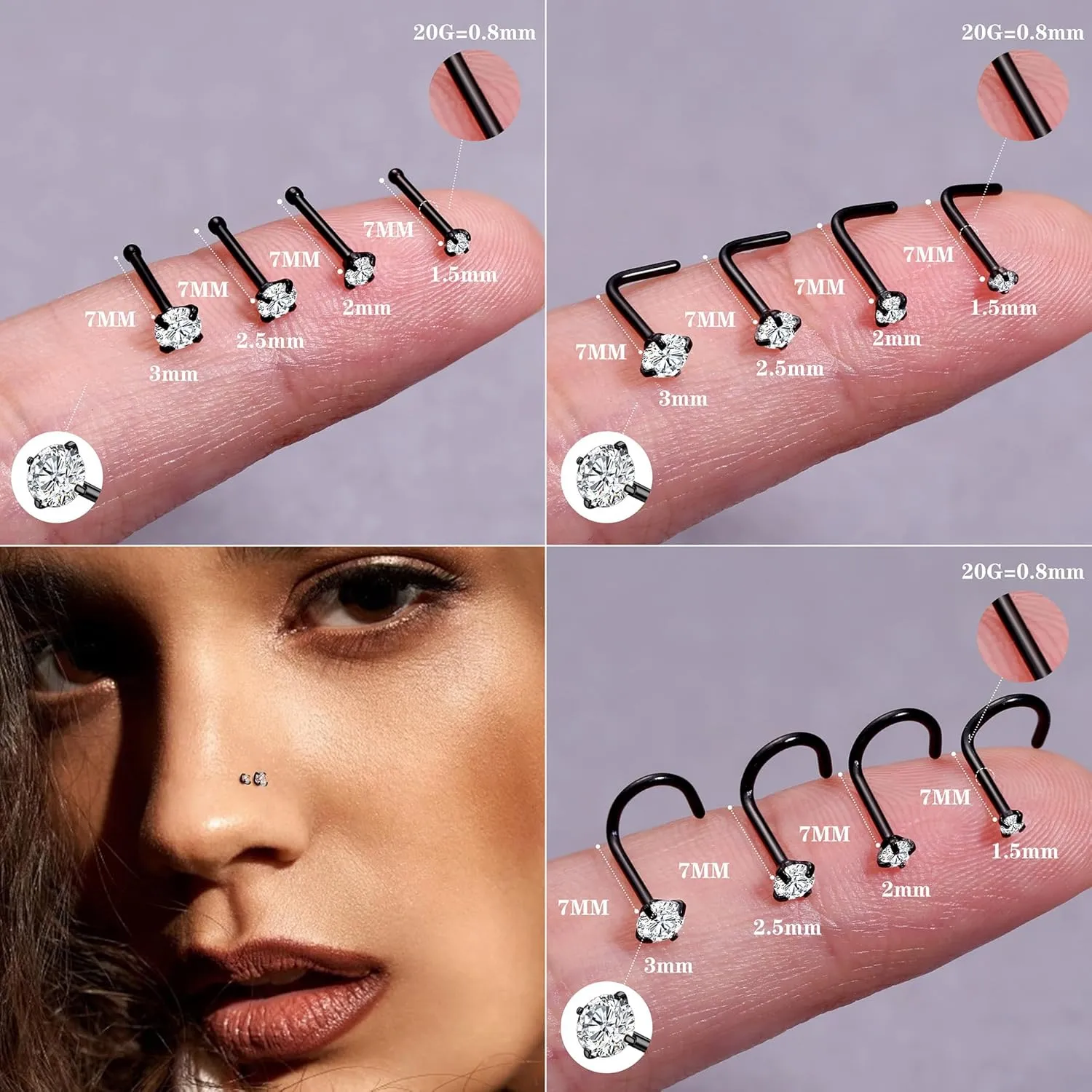 LOYALLOOK 18Pcs Nose Rings Studs - 316L Surgical Steel Gold Nose Studs Double Hoop Nose Ring for Women Men 18G/20G Nose Rings Stud Hypoallergenic Nose/Body Piercing Jewelry 1.5mm 2mm 2.5mm 3mm CZ