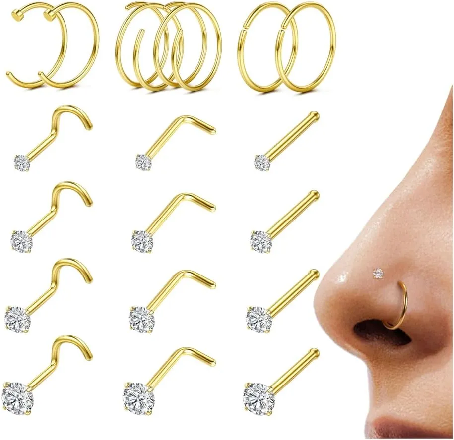 LOYALLOOK 18Pcs Nose Rings Studs - 316L Surgical Steel Gold Nose Studs Double Hoop Nose Ring for Women Men 18G/20G Nose Rings Stud Hypoallergenic Nose/Body Piercing Jewelry 1.5mm 2mm 2.5mm 3mm CZ