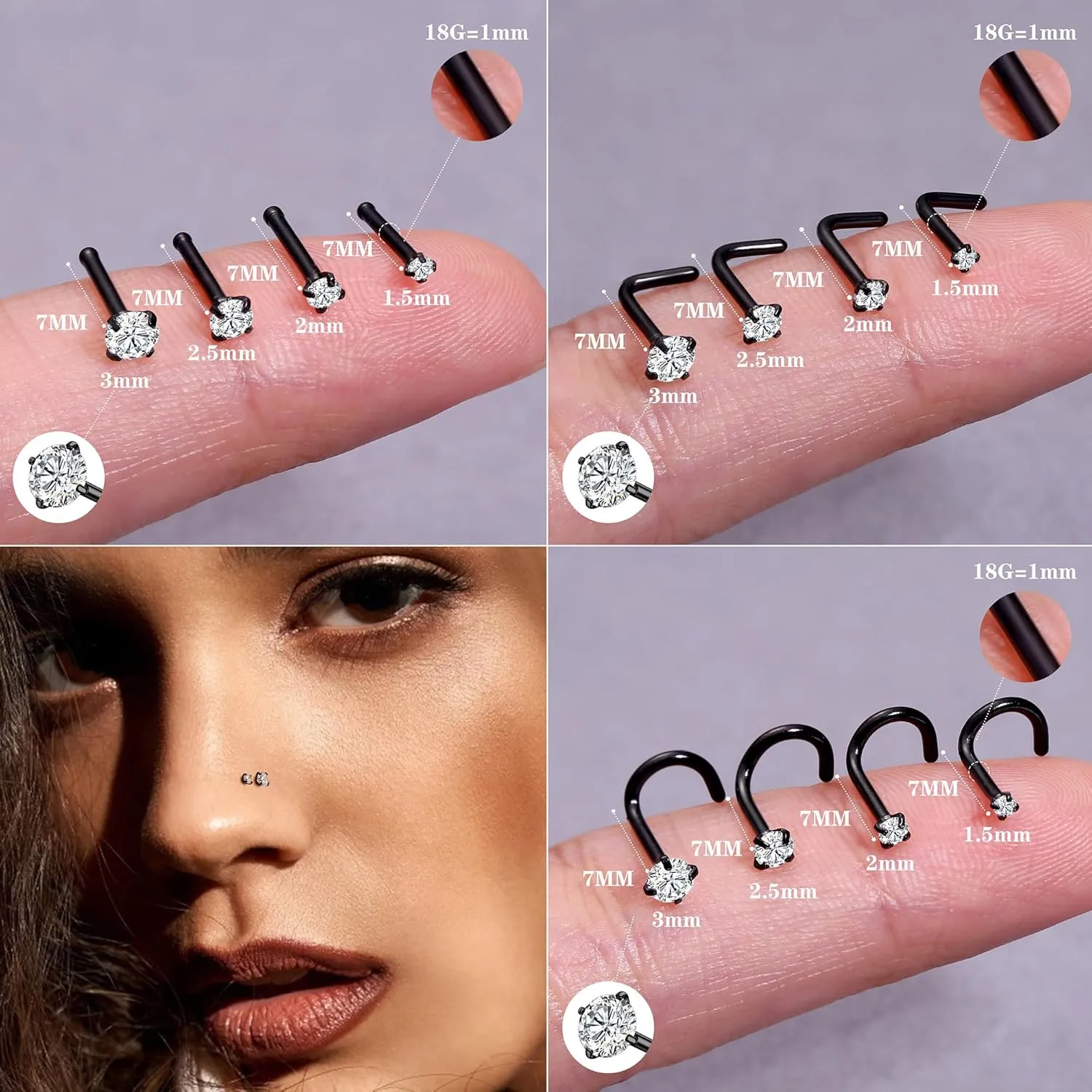 LOYALLOOK 18Pcs Nose Rings Studs - 316L Surgical Steel Gold Nose Studs Double Hoop Nose Ring for Women Men 18G/20G Nose Rings Stud Hypoallergenic Nose/Body Piercing Jewelry 1.5mm 2mm 2.5mm 3mm CZ