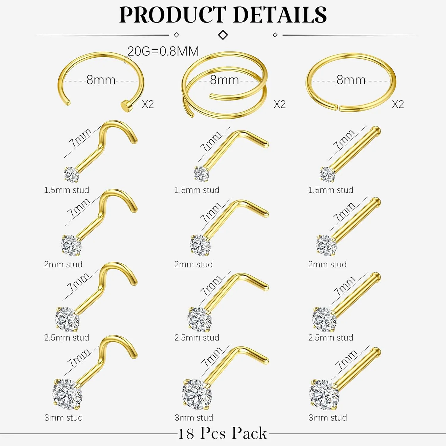 LOYALLOOK 18Pcs Nose Rings Studs - 316L Surgical Steel Gold Nose Studs Double Hoop Nose Ring for Women Men 18G/20G Nose Rings Stud Hypoallergenic Nose/Body Piercing Jewelry 1.5mm 2mm 2.5mm 3mm CZ