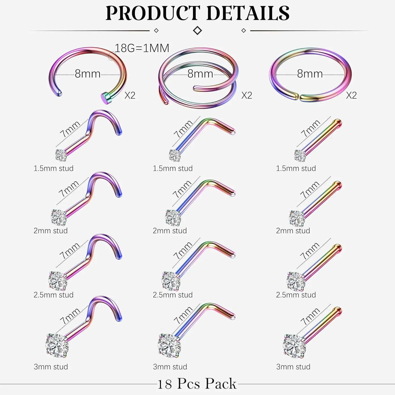 LOYALLOOK 18Pcs Nose Rings Studs - 316L Surgical Steel Gold Nose Studs Double Hoop Nose Ring for Women Men 18G/20G Nose Rings Stud Hypoallergenic Nose/Body Piercing Jewelry 1.5mm 2mm 2.5mm 3mm CZ