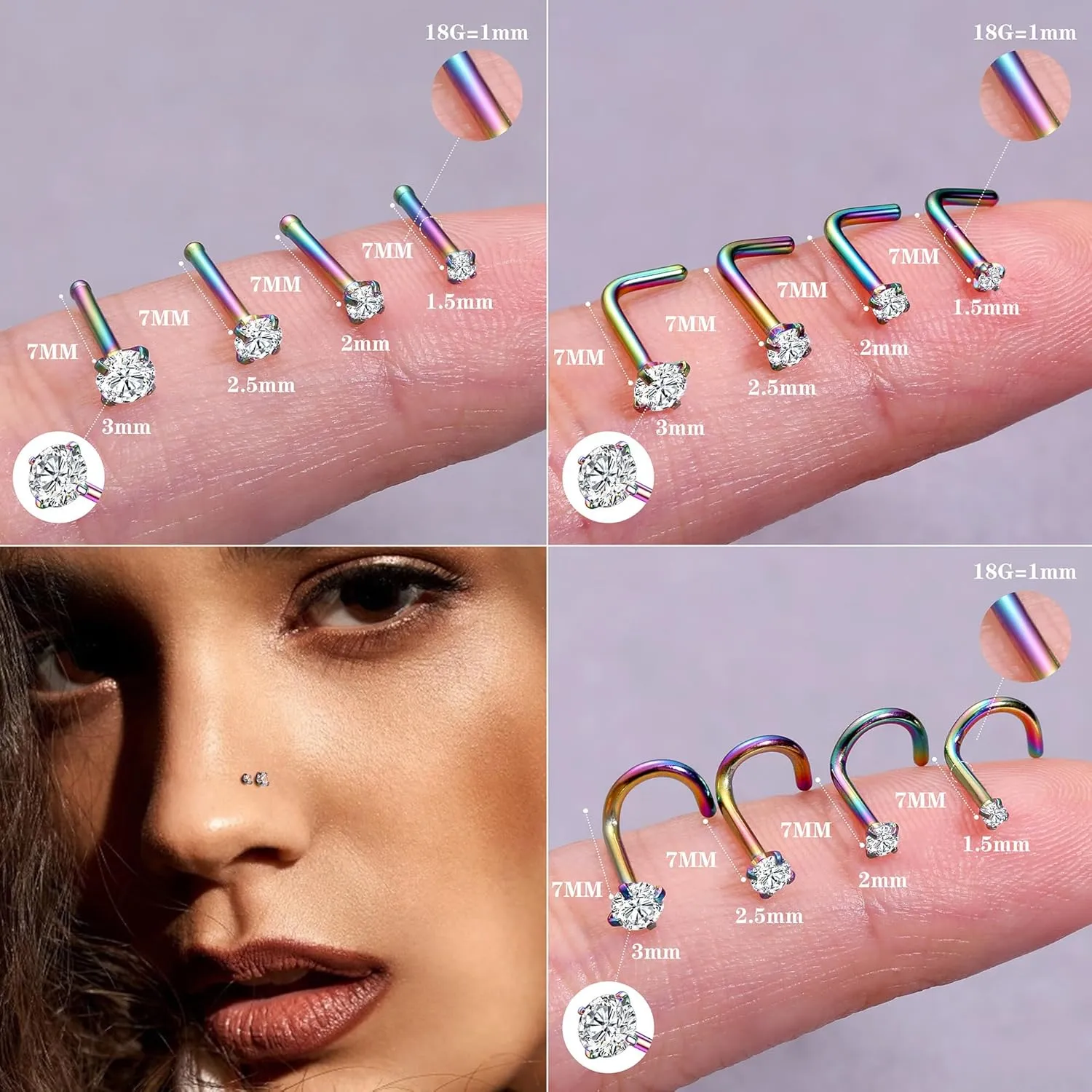 LOYALLOOK 18Pcs Nose Rings Studs - 316L Surgical Steel Gold Nose Studs Double Hoop Nose Ring for Women Men 18G/20G Nose Rings Stud Hypoallergenic Nose/Body Piercing Jewelry 1.5mm 2mm 2.5mm 3mm CZ