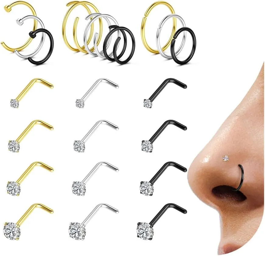 LOYALLOOK 21Pcs Nose Rings Studs - 316L Surgical Steel Gold Nose Studs Double Hoop Nose Ring for Women Men 18G 20G Silver Gold Black Nose Rings Stud Hypoallergenic Nose/Body Piercing Jewelry 1.5mm 2mm 2.5mm 3mm Clear CZ