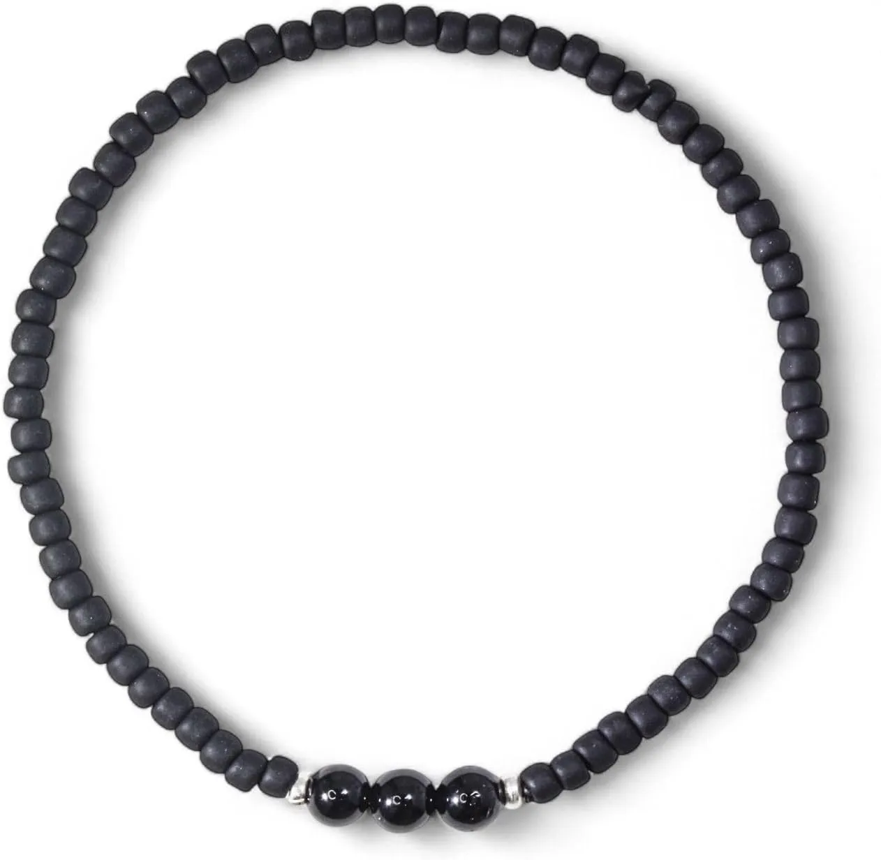 Luck Strings Black Tourmaline & Karen Hill Sterling Silver Beaded Bracelet with Black Matte Toho Beads - Unisex Stretch Jewelry for Men Women
