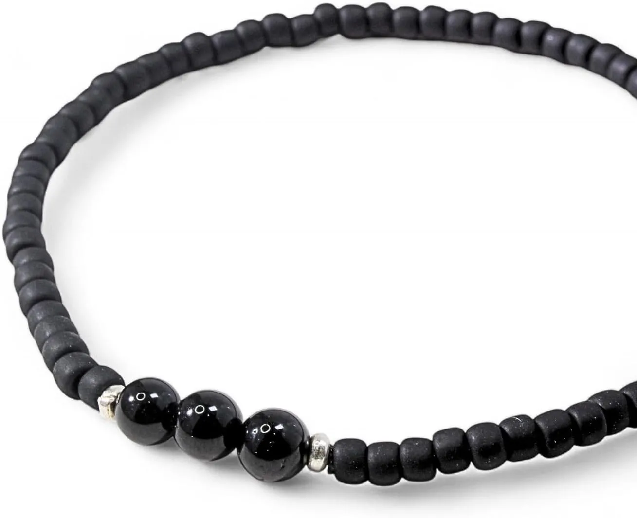 Luck Strings Black Tourmaline & Karen Hill Sterling Silver Beaded Bracelet with Black Matte Toho Beads - Unisex Stretch Jewelry for Men Women