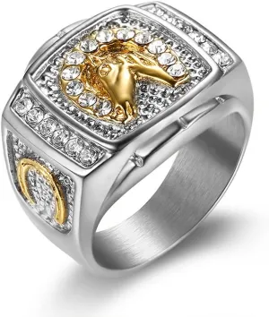 Lucky Gold Plated CZ Bling Horseshoe Ring for Men,Iced Out Horse Ring,Unique Western Stainless Steel Ring Biker Vintage Square Hip Hop Rocker Fashion Equestrian Jewelry