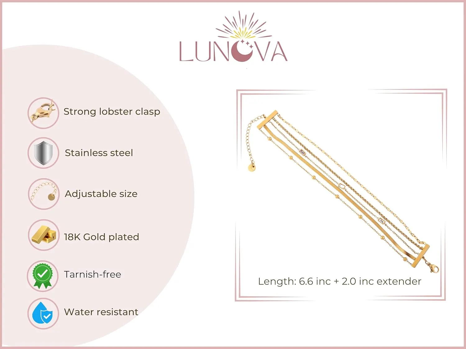 Lunova Necklace and Bracelet Set for Women, Elegant Gold or Silver Jewelry, Non-Tarnish Trendy Fashion Accessories, Stylish Gold Chain & Bracelet, Gifts for Her, Girlfriend, Sister, Daughter