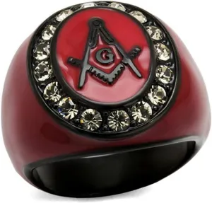 Marimor Jewelry Stainless Steel Red and Black Ion Plated Crystal Masonic Freemason Ring Size 8-13