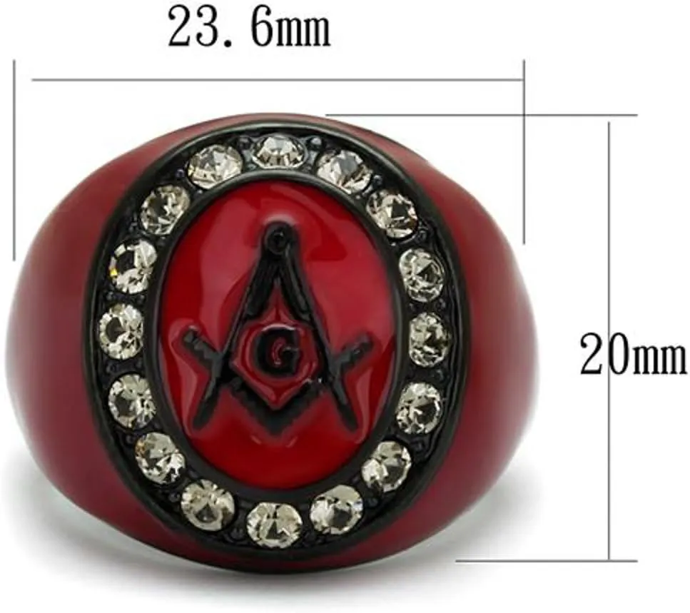 Marimor Jewelry Stainless Steel Red and Black Ion Plated Crystal Masonic Freemason Ring Size 8-13