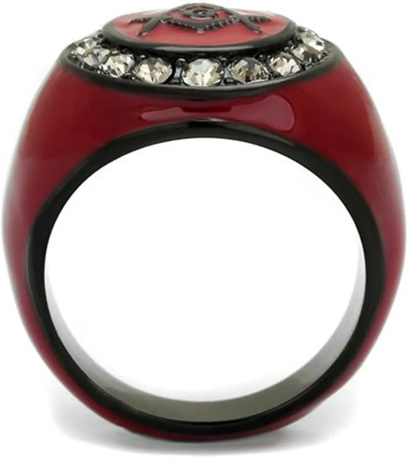 Marimor Jewelry Stainless Steel Red and Black Ion Plated Crystal Masonic Freemason Ring Size 8-13