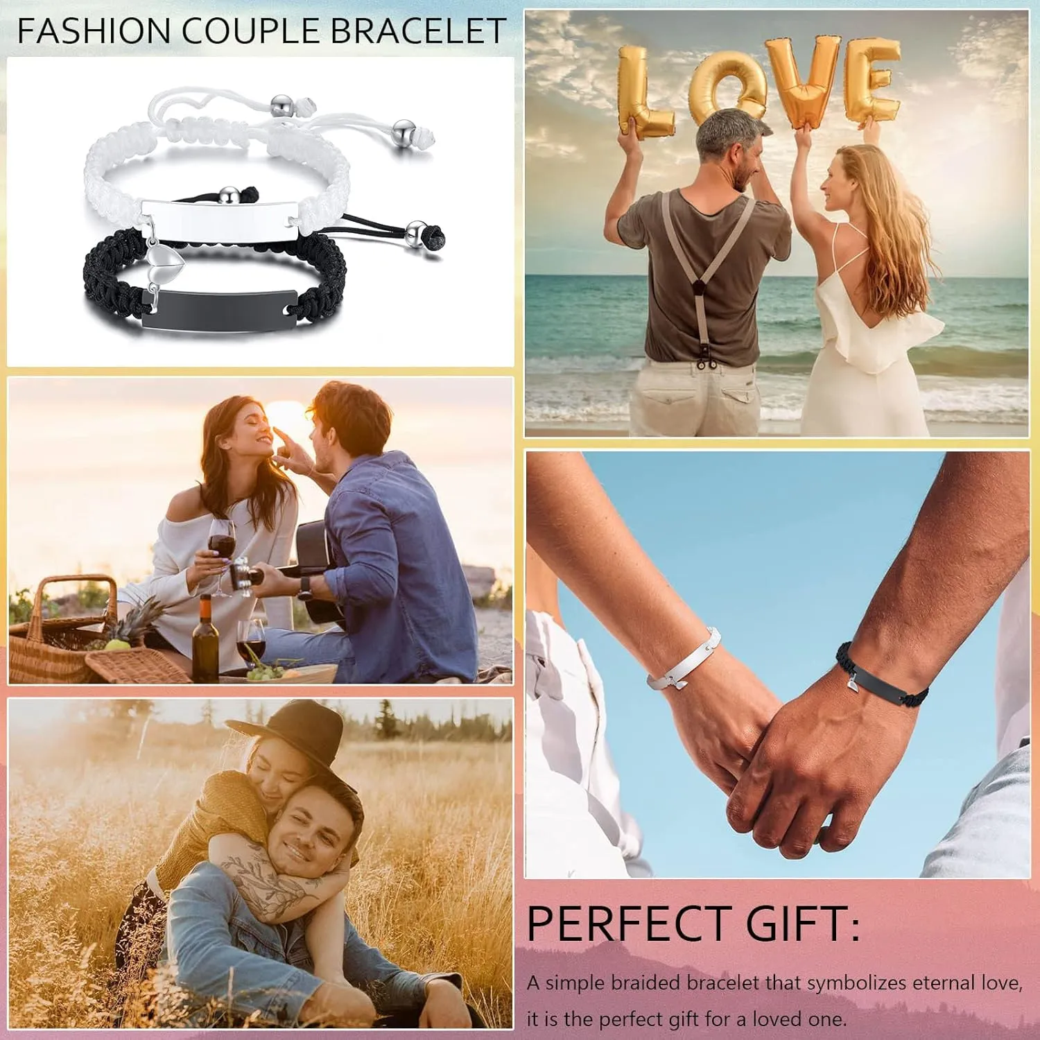 MEALGUET Personalized ID Couple Bracelets Custom Engraving Handmade Braided Rope Wrist Bangle for Men Women Friendship, Adjustable,Customized Bracelet Gift for Men Husband