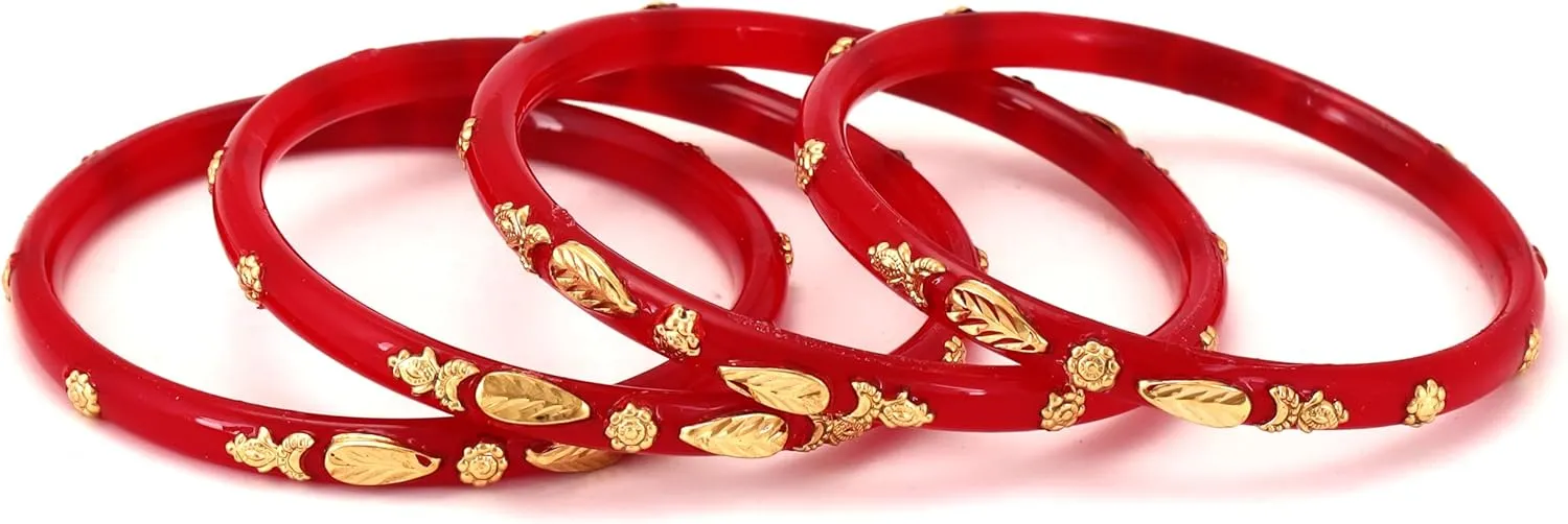 Meenakshi imitation Set of 4 Red Gold Plated Pola Bangles Handcrafted Gift For Her Indian Bollywood Designer Women Jewelry Bangle Bracelets Kangan