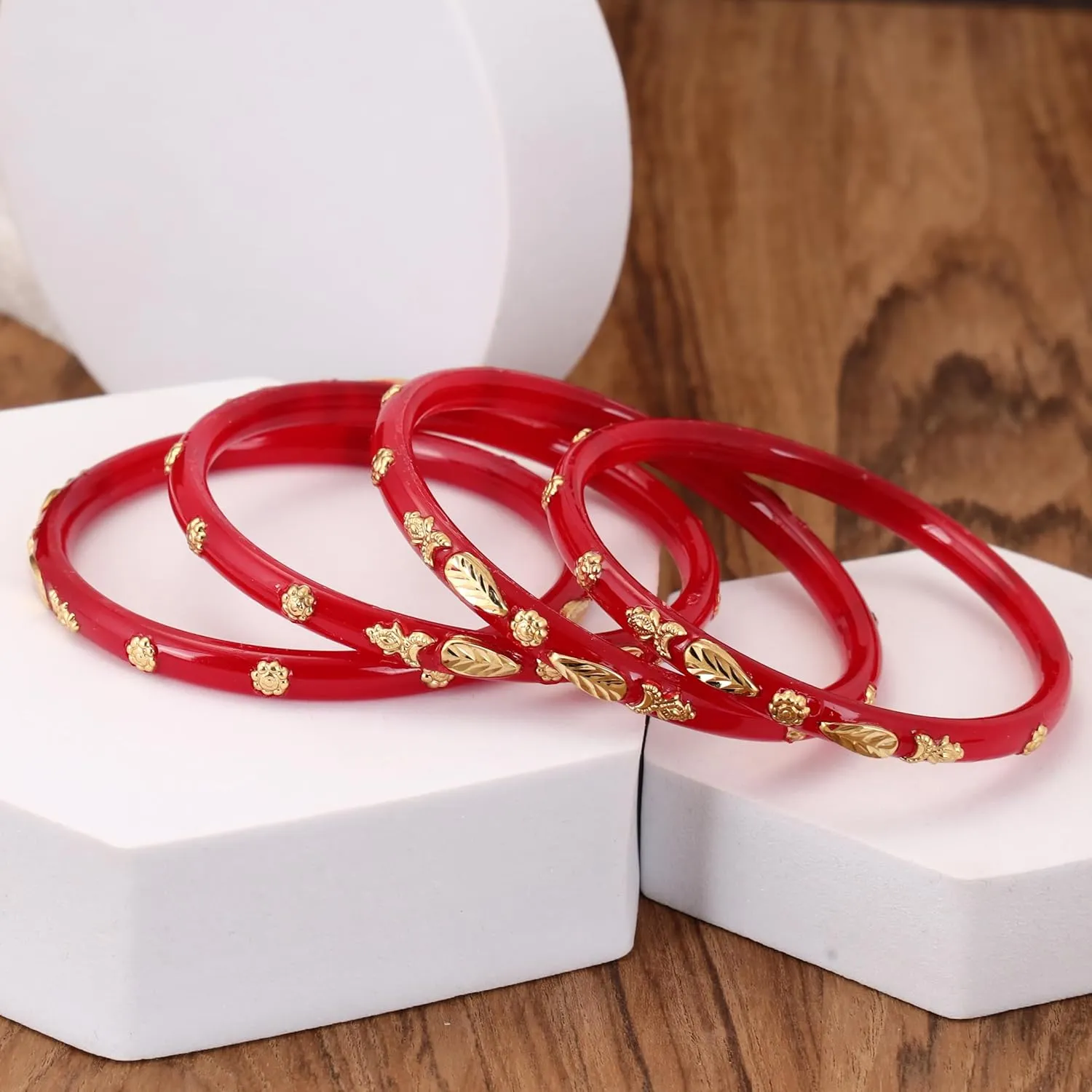 Meenakshi imitation Set of 4 Red Gold Plated Pola Bangles Handcrafted Gift For Her Indian Bollywood Designer Women Jewelry Bangle Bracelets Kangan