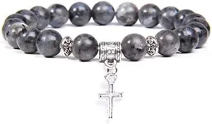 Men Beads Bracelet Slivers Color Cross Pendant Bracelet Natural Stone Bracelets Charm for Women Healing Prayer Jewelry (Metal Color: Map stone - Length: 17CM)