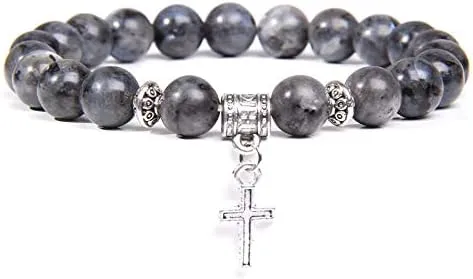 Men Beads Bracelet Slivers Color Cross Pendant Bracelet Natural Stone Bracelets Charm for Women Healing Prayer Jewelry (Metal Color: Map stone - Length: 17CM)