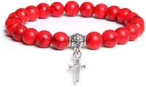 Men Beads Bracelet Slivers Color Cross Pendant Bracelet Natural Stone Bracelets Charm for Women Healing Prayer Jewelry (Metal Color: Red Quartz - Length: 19CM)