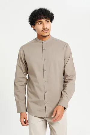 Men Beige Mandarin Collar Long Sleeve Shirt