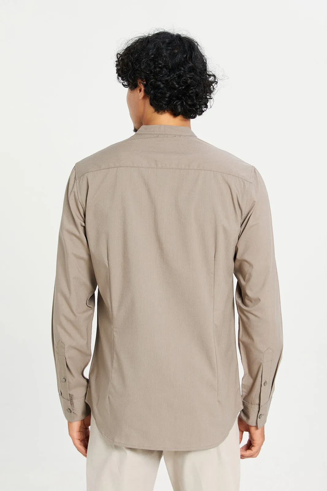 Men Beige Mandarin Collar Long Sleeve Shirt