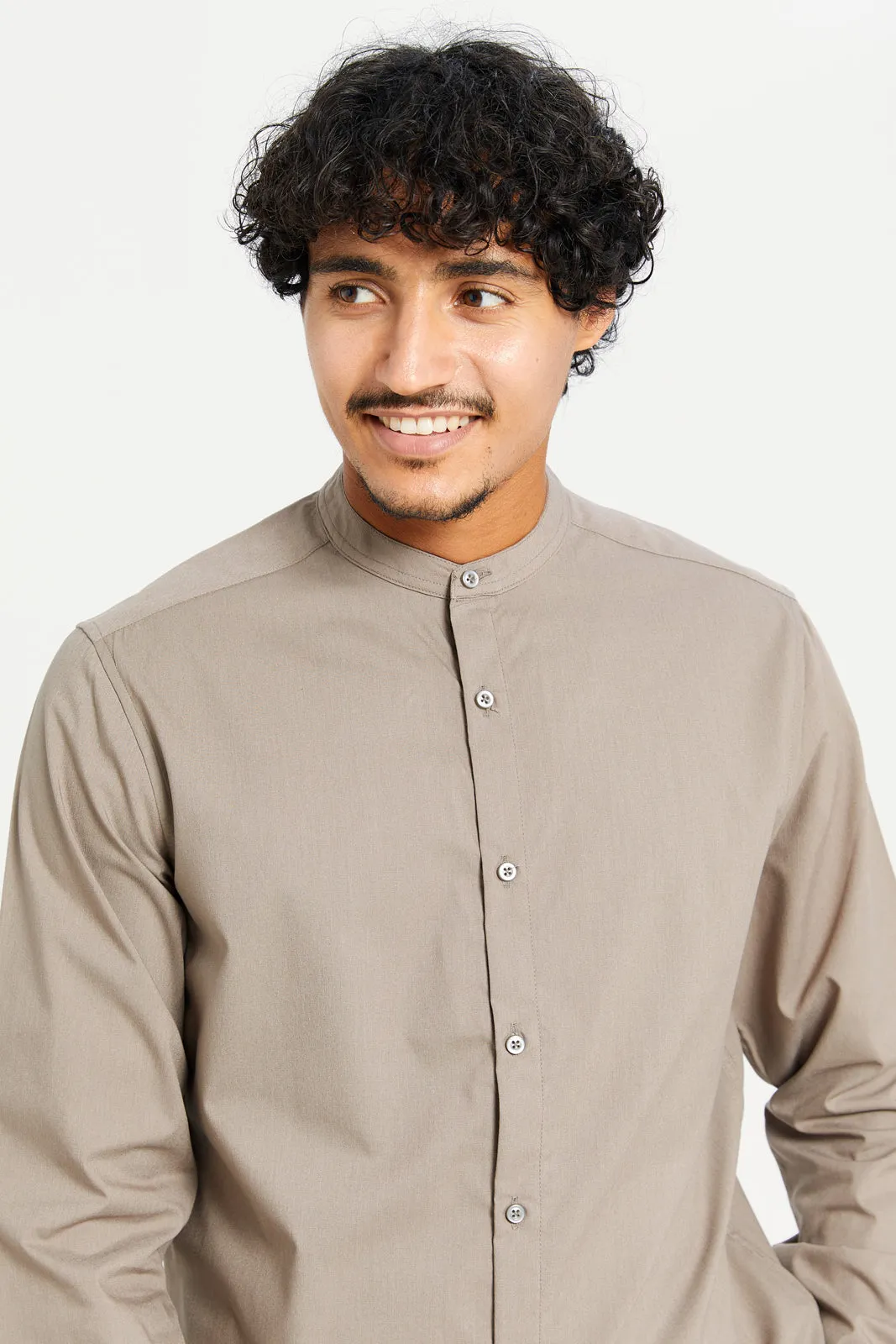 Men Beige Mandarin Collar Long Sleeve Shirt