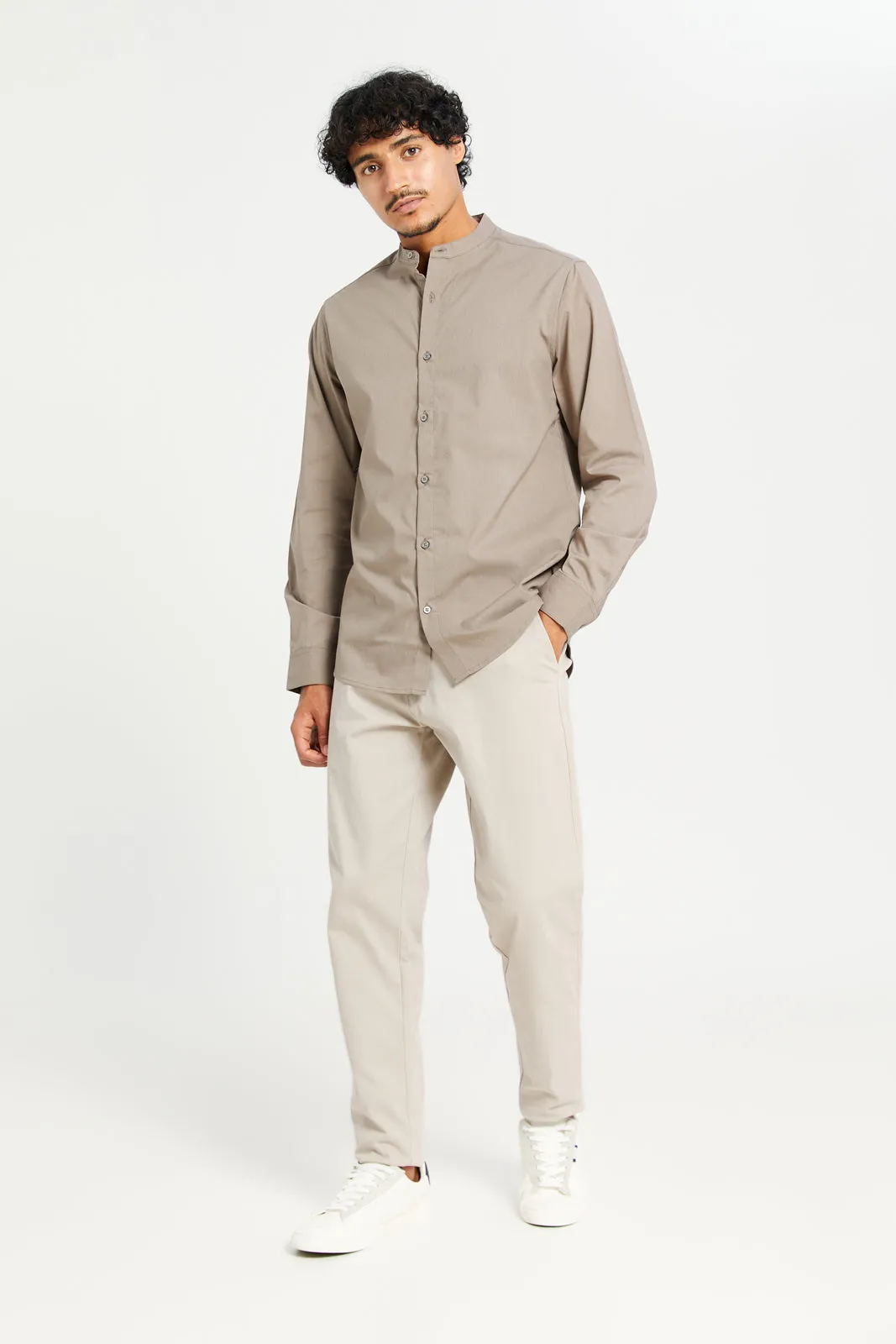 Men Beige Mandarin Collar Long Sleeve Shirt