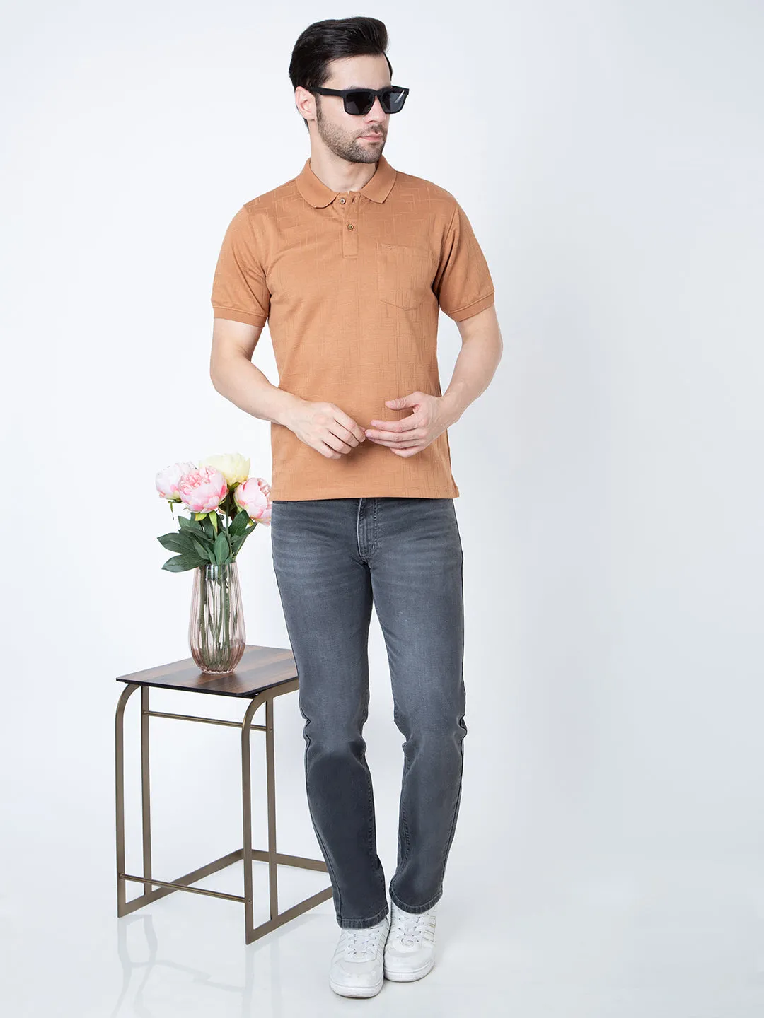 Men Polo Jacquard Brown T-Shirt