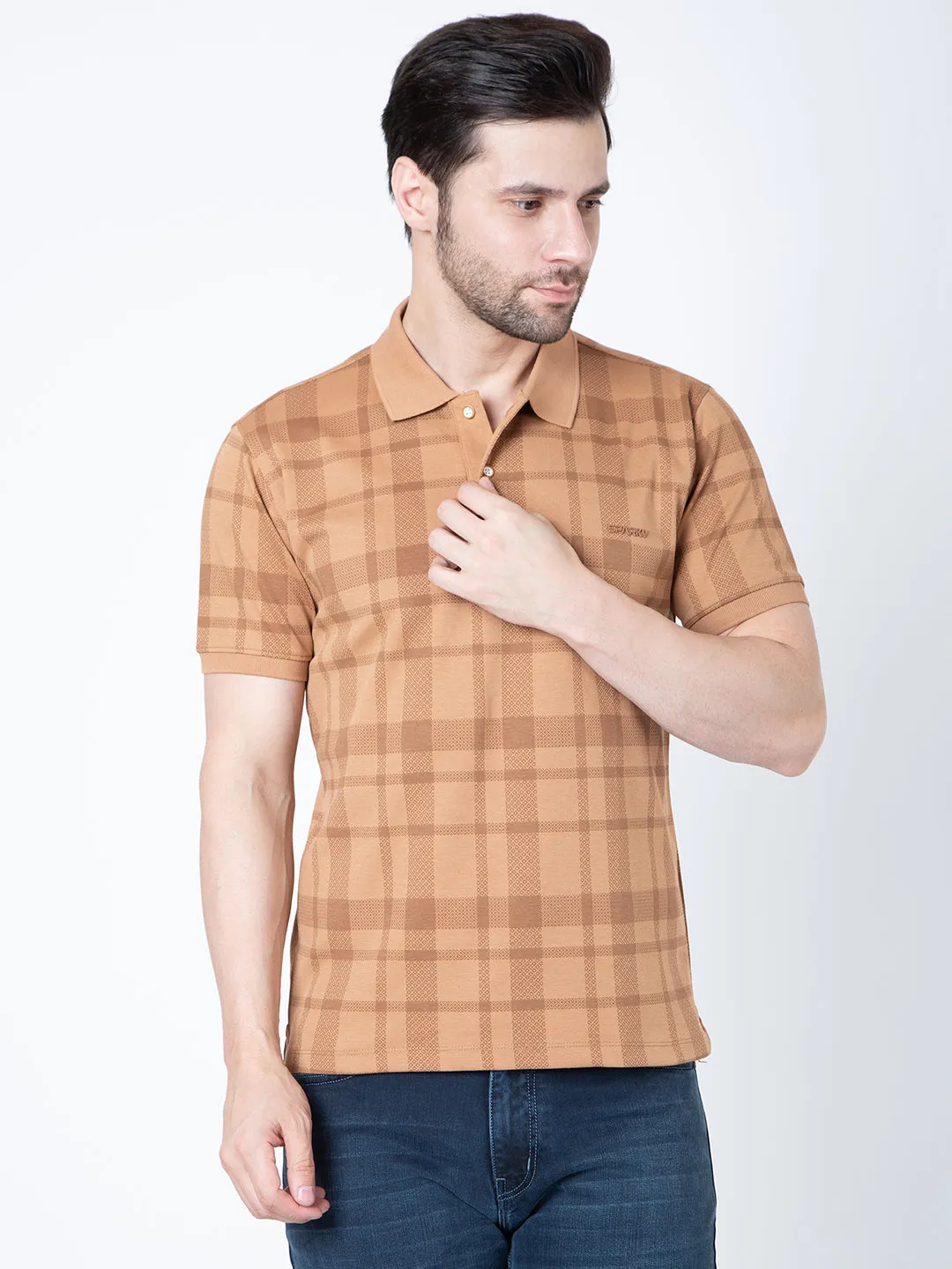 Men Polo Printed Light Brown T-Shirt