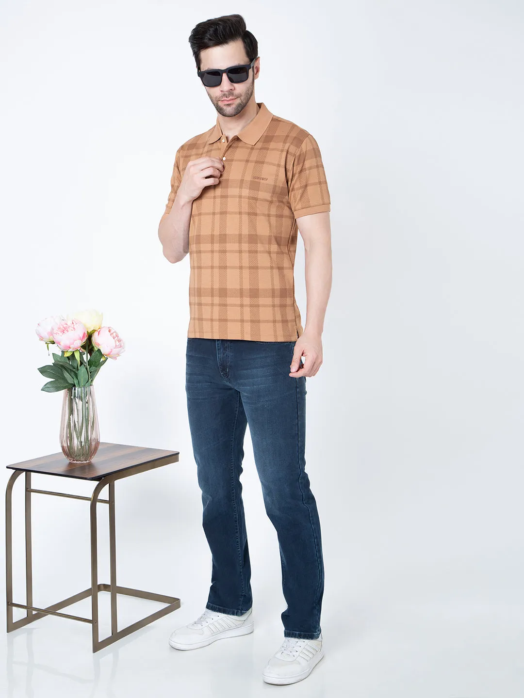 Men Polo Printed Light Brown T-Shirt