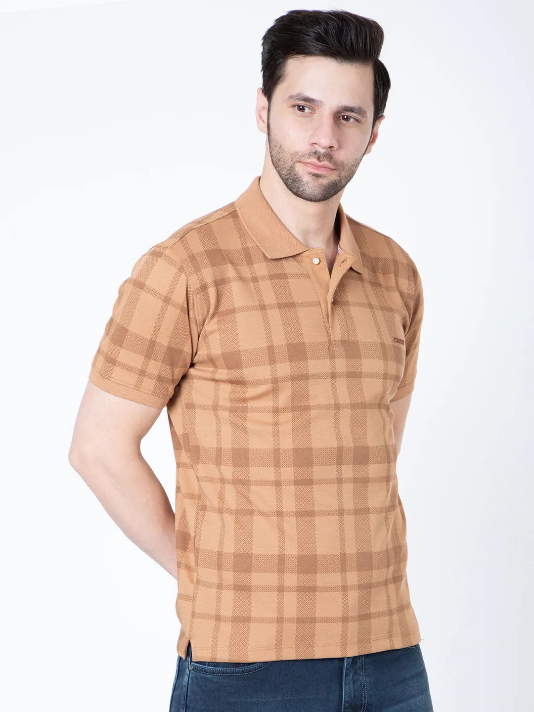 Men Polo Printed Light Brown T-Shirt