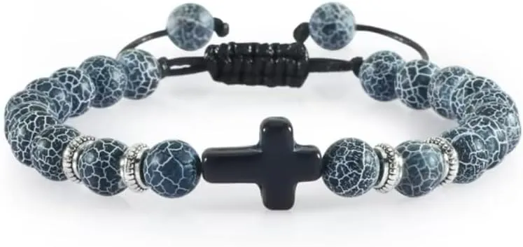 Men Women Braided Bracelet 8MM Natural Stone Cross Hematite Bead Bracelets Bangles Prayer Handmade