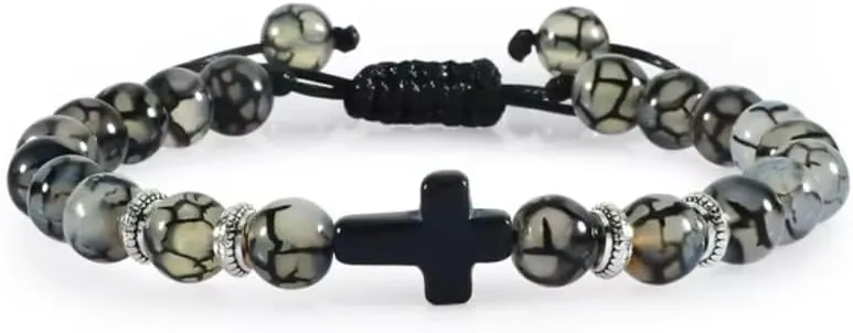 Men Women Braided Bracelet 8MM Natural Stone Cross Hematite Bead Bracelets Bangles Prayer Handmade