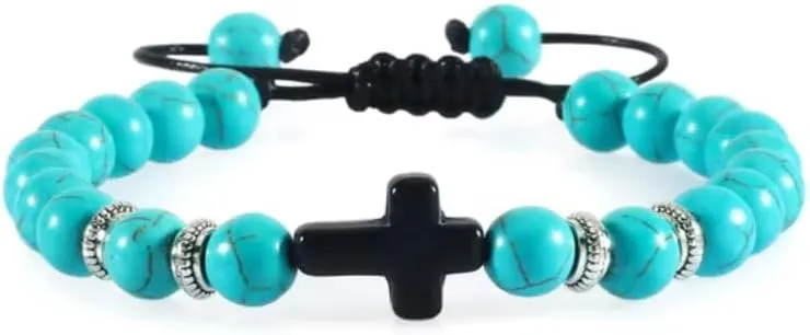 Men Women Braided Bracelet 8MM Natural Stone Cross Hematite Bead Bracelets Bangles Prayer Handmade