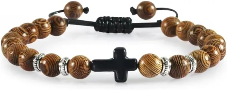 Men Women Braided Bracelet 8MM Natural Stone Cross Hematite Bead Bracelets Bangles Prayer Handmade