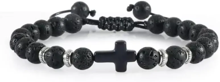Men Women Braided Bracelet 8MM Natural Stone Cross Hematite Bead Bracelets Bangles Prayer Handmade
