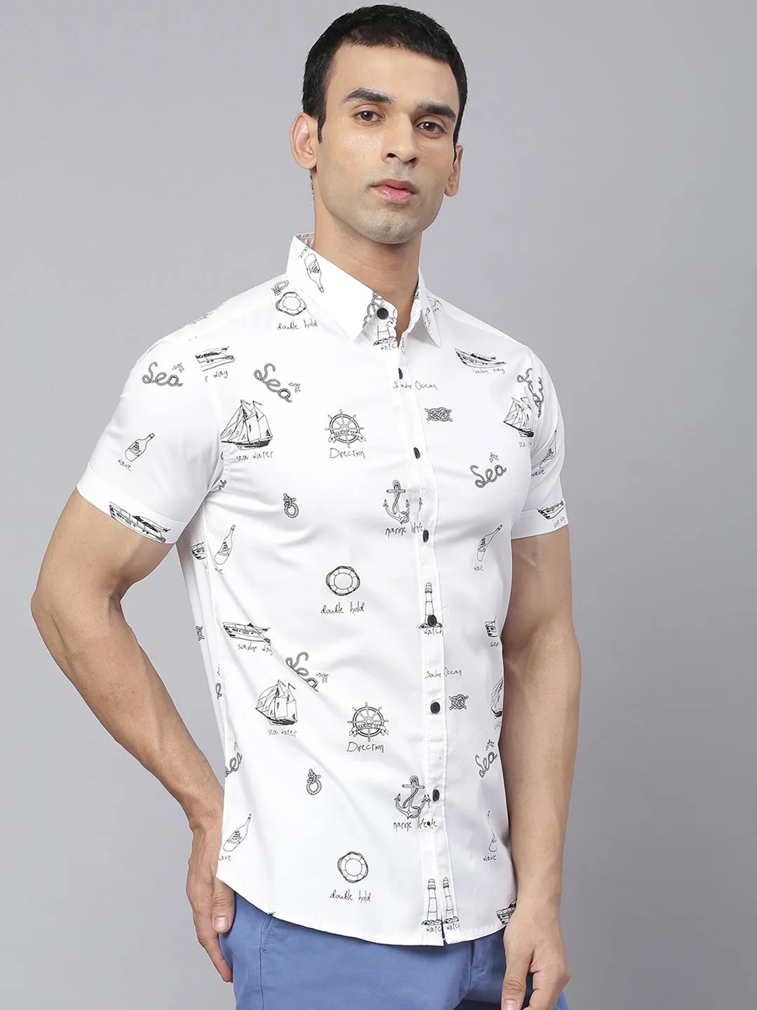Men's Abstract Print Slim Fit Half Shirts (White)